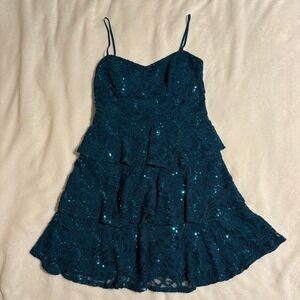 B. Darlin Teal Lace Sequin Tiered Mini Dress‎ Sweetheart 13/14 17BW3594